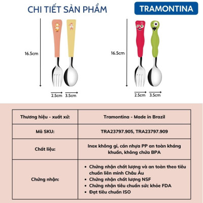 Bộ Thìa Dĩa Trẻ Em 2 Món Tramontina Chất Thép Không Gỉ Cao Cấp An Toàn Cán Nhựa PP Sản Xuất Tại Brazil Tặng Kèm 1 Dụng Cụ Tách Lòng Trứng