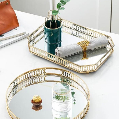 KHAY ĐỰNG BÌNH LY CỐC UỐNG NƯỚC KIM LOẠI MẠ VÀNG MẶT TRÁNG GƯƠNG CHỐNG RỈ - VD711