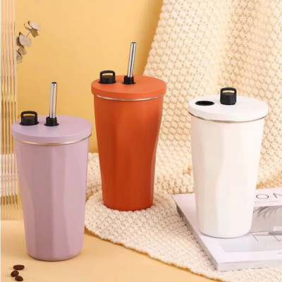 Cốc Giữ Nhiệt Cao Cấp Trơn 600ml, Ly Giữ Nhiệt Kèm Ống Hút Có Núm Đậy Kèm Túi Trong Suốt Tiện Lợi - HÀNG CHÍNH HÃNG MINIIN