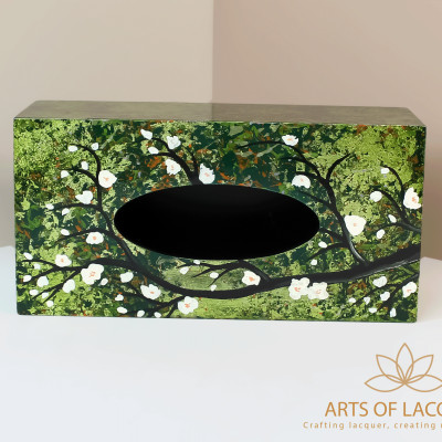 Hộp Đựng Khăn Giấy Sơn Mài Cao Cấp - Họa Tiết Hoa Trắng