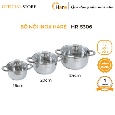 Bộ nồi inox đáy từ HR-S306 (16,20,24cm) - thương hiệu Hare -  lỗi 1 đổi 1