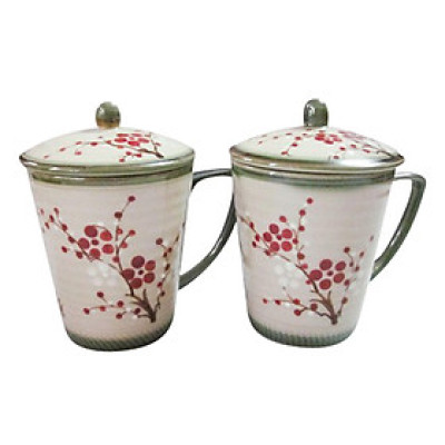 Bộ 2 Ly Có Nắp Hình Hoa Đào S1 Gốm Sứ Bát Tràng A229 350ml