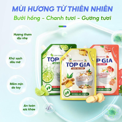 nước rửa chén TOPGIA thiên nhiên,túi 2L an toàn và hiệu quả cho cả gia đình.