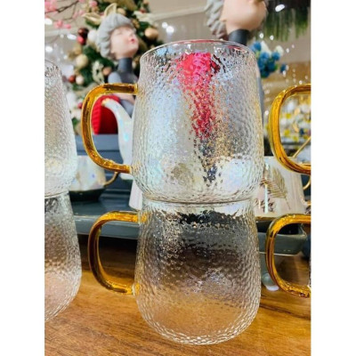 Bộ 6 cốc thủy tinh chịu nhiệt vân sần quai vàng