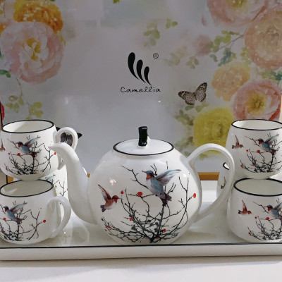 BỘ ẤM CHÉN PHA TRÀ KÈM KHAY SỨ CAO CẤP TRẮNG HỌA TIẾT CHIM ÉM MÙA XUÂN - ANTH672