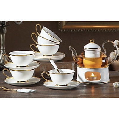 BỘ BÌNH TRÀ  KÈM ĐẾ CHÂM NẾN, 6 ĐĨA,6 CỐC,6 THÌA SỨ CAMELIA CAO CẤP SANG TRỌNG - ANTH462