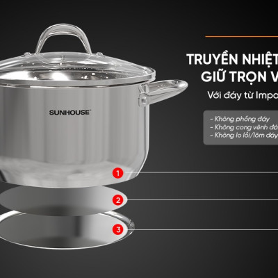 NỒI INOX 3 ĐÁY SUNHOUSE SHG301-16 - Hàng Chính Hãng