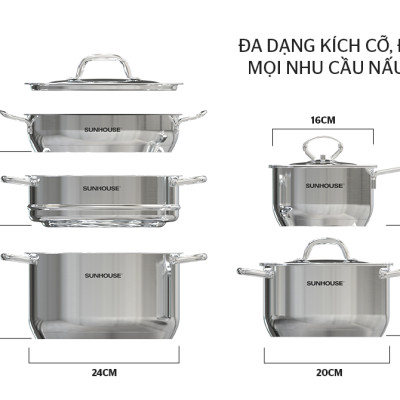 Bộ nồi chảo inox 5 món 5 đáy SUNHOUSE SHG995-2022 bếp từ chất liệu inox cao cấp an toàn sức khỏe