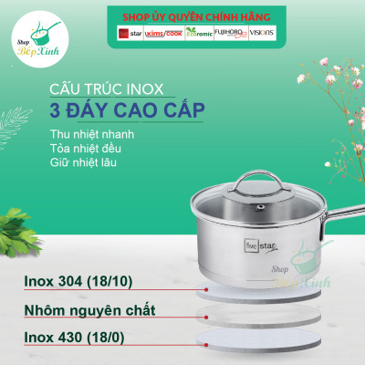 Bộ Nồi Inox 304 Bếp Từ 3 Đáy Kit 5 Món Fivestar Tặng 1 vá canh