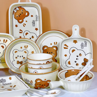 Bộ Bát Đĩa Gốm Sứ Cao Cấp Gosu Hình Gấu Cam Trắng Đáng Yêu