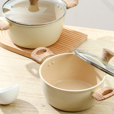 Nồi Đá Chống Dính Nhật Cao Cấp - Nồi Bếp Từ Vân Đá Có Quai Cầm Bằng Gỗ, Nắp Kính Sang Trọng