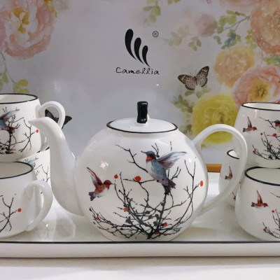 BỘ ẤM CHÉN PHA TRÀ KÈM KHAY SỨ CAO CẤP TRẮNG HỌA TIẾT CHIM ÉM MÙA XUÂN - ANTH672