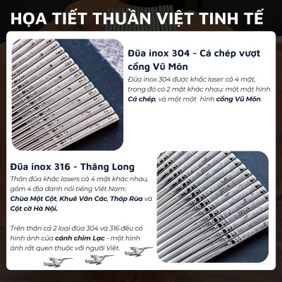 Set 05 đôi đũa inox 304 - 316 DandiHome 2020 chống trơn trượt, sang trọng, tinh tế