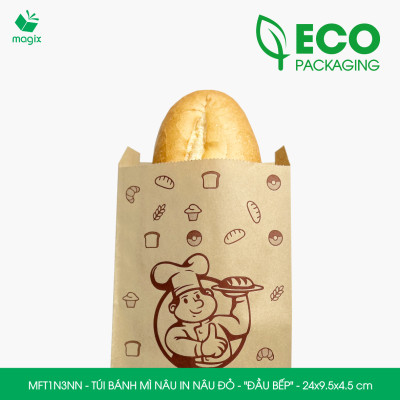 MFT1N3NN - 24x9.5x4.5 cm - 500 Túi bánh mì Nâu, in sẵn họa tiết ĐẦU BẾP - Bao bánh mì Túi giấy thực phẩm an toàn