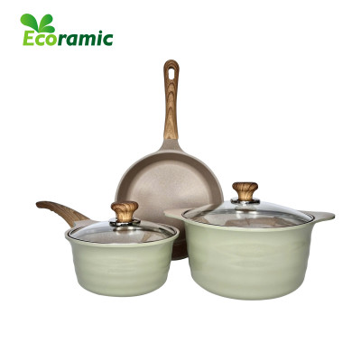 Bộ Nồi Ecoramic Blooming Vân Đá Đáy Từ – Hợp Kim Nhôm Đúc Nguyên Khối – Phủ 5 Lớp Nano Ceramic – Dùng Mọi Loại Bếp (Nồi 24cm, Chảo 24cm, Quánh 18cm)