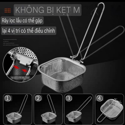  RÂY LỌC CHAO VỚT VỢT CHUYÊN DỤNG LẨU INOX SUS 304 - THÉP KHÔNG GỈ, TAY CẦM CÓ THỂ GẬP LẠI, 4 VỊ TRÍ KHÁC NHAU - CÓ CẠNH TREO XOONG NỒI TIỆN DỤNG 