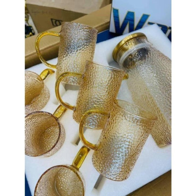 Bộ bình cốc thủy tinh chịu nhiệt cao cấp vân sần lên tới 400 độ c 1800ML màu vàng gold sang trọng