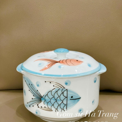 Thố chưng yến gốm sứ Bát Tràng cao cấp vẽ tay hoạ tiết cá dung tích 600ml