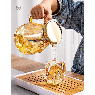 Bình Ly thuỷ tinh vàng có quai dáng kim cương | BỘ BÌNH CỐC BOROSILICATE SIÊU NHẸ - CHỊU NHIỆT - CƯỜNG LỰC LỤC GIÁC QUAI