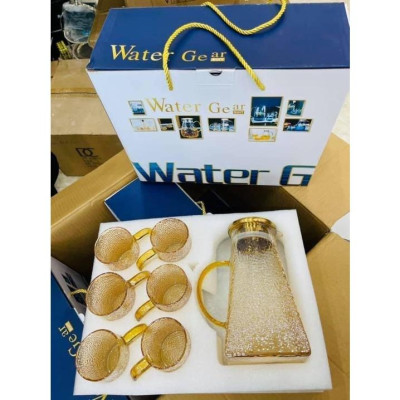 Bộ bình cốc thủy tinh chịu nhiệt cao cấp vân sần lên tới 400 độ c 1800ML màu vàng gold sang trọng