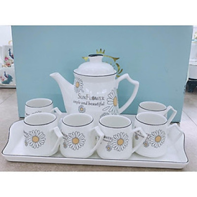 Bộ ấm chén kèm khay pha trà trắng họa tiết hoa cúc họa mi xinh xắn