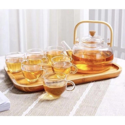 Bộ ấm chén thủy tinh tay gỗ cao pha trà 900ml kèm khay gỗ ( Khay giao ngẫu nhiên )