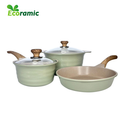 Bộ Nồi Ecoramic Blooming Vân Đá Đáy Từ – Hợp Kim Nhôm Đúc Nguyên Khối – Phủ 5 Lớp Nano Ceramic – Dùng Mọi Loại Bếp (Nồi 24cm, Chảo 24cm, Quánh 18cm)