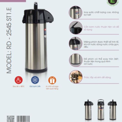 Phích bơm nước cao cấp Rạng Đông Model 2545ST1.E - Chính hãng, thân inox, vai nhựa, dạng cần bơm, dung tích 2.5 lít