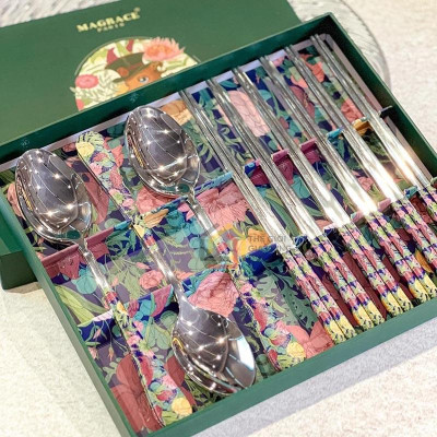 Set đũa thìa ăn phở Magrace Paris họa tiết (hộp 6 thìa, 6 đôi đũa ) Hàng chính hãng