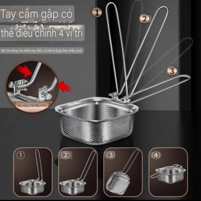  RÂY LỌC CHAO VỚT VỢT CHUYÊN DỤNG LẨU INOX SUS 304 - THÉP KHÔNG GỈ, TAY CẦM CÓ THỂ GẬP LẠI, 4 VỊ TRÍ KHÁC NHAU - CÓ CẠNH TREO XOONG NỒI TIỆN DỤNG 