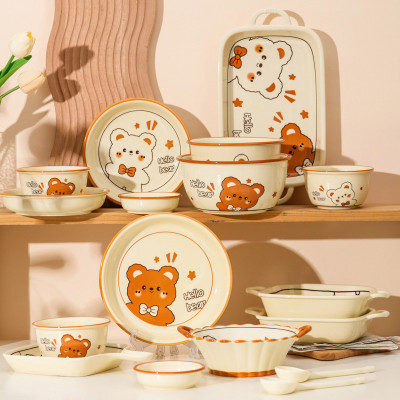 Bộ Bát Đĩa Gốm Sứ Cao Cấp Gosu Hình Gấu Cam Trắng Đáng Yêu