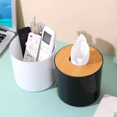 Hộp đựng khăn giấy phong cách Nhật Bản nắp gỗ basic hình trụ tròn