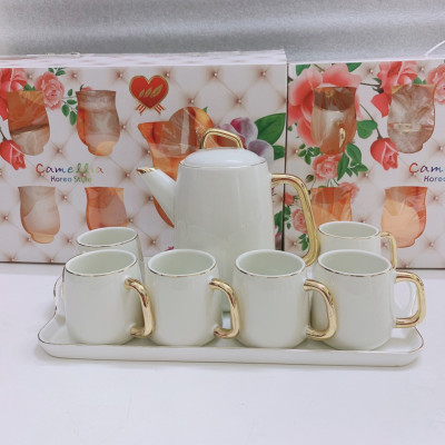 BỘ BÌNH TRÀ CÀ PHÊ KÈM  KHAY SỨ TRẮNG VIỀN VÀNG CAMELIA - ANTH410