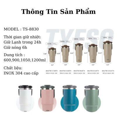 Cốc giữ nhiệt TYESO TS-8828 dung tích 900ml, bằng thép không gỉ 304, Chống tràn & Giữ nhiệt 12 tiếng