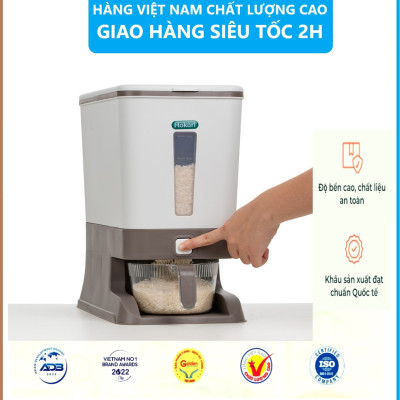 Hộp đựng gạo - Thùng đựng gạo tiện ích 10kg Hokori Việt Nhật Có Nút bấm lấy gạo tự động Tặng Kèm Ca Đong Gạo - Hàng Việt Nam