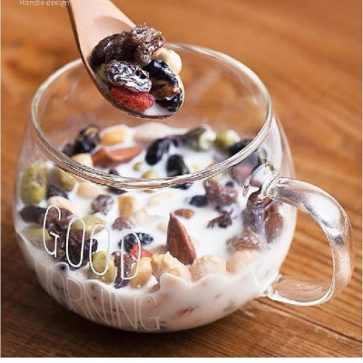 Cốc thủy tinh chịu nhiệt có quai cầm Good Moring - Cốc uống nước, ăn sáng ngũ cốc, uống trà,...