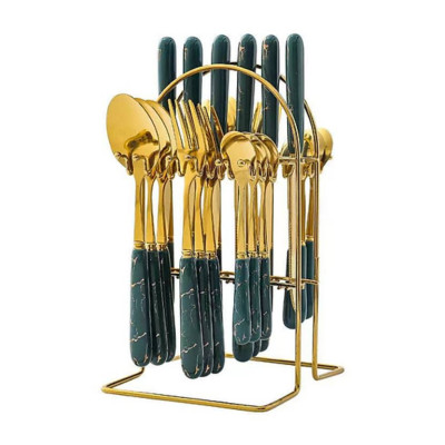 Bộ Dao Muỗng Nĩa Kèm Giá Đựng 24 Món Mạ Vàng Chống Gỉ Cao Cấp Dao Thìa Dĩa Có Vân Đá Cẩm Thạch Tặng Kèm Khay Treo - Hàng Chính Hãng [Được đồng kiểm]