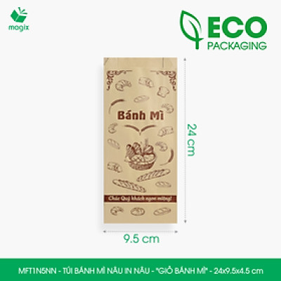 MFT1N5NN - 24x9.5x4.5 cm - 200 Túi bánh mì Nâu, in sẵn họa tiết GIỎ BÁNH MÌ - Bao bánh mì Túi giấy thực phẩm an toàn