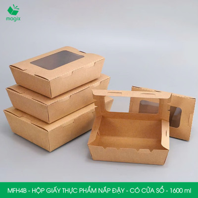 MFH4B - 1600ml - 100 hộp giấy kraft đựng thực phẩm, hộp giấy đựng thức ăn có cửa sổ, hộp đựng cơm