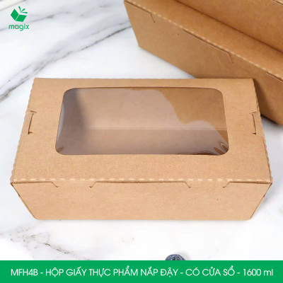 MFH4B - 1600ml - 100 hộp giấy kraft đựng thực phẩm, hộp giấy đựng thức ăn có cửa sổ, hộp đựng cơm