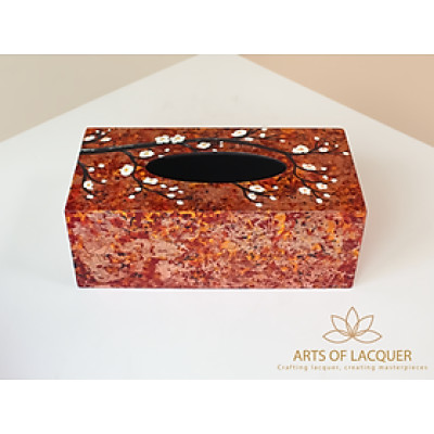 Hộp Đựng Khăn Giấy Sơn Mài Hoa Trắng trên Nền Màu Hổ Phách