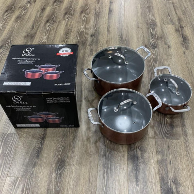 Bộ nồi từ nhập khẩu Thái Lan Orkin OR09 3 chiếc 20, 24, 28cm, bảo hành 1, thân nhôm đúc, phủ chống dính nano, siêu bền