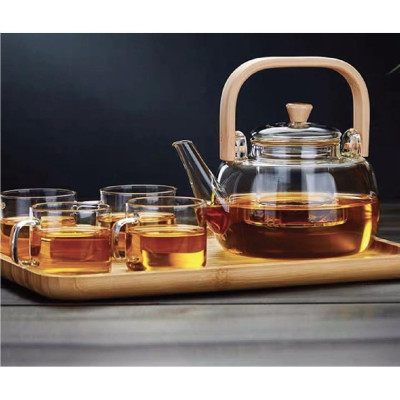 Bộ ấm chén thủy tinh tay gỗ cao pha trà 900ml kèm khay gỗ ( Khay giao ngẫu nhiên )