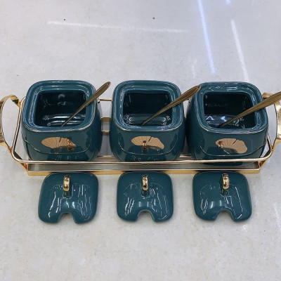 BỘ GIA VỊ SỨ CAO CẤP MÀU XANH CỔ VỊT KHUNG KIM LOẠI MẠ VÀNG