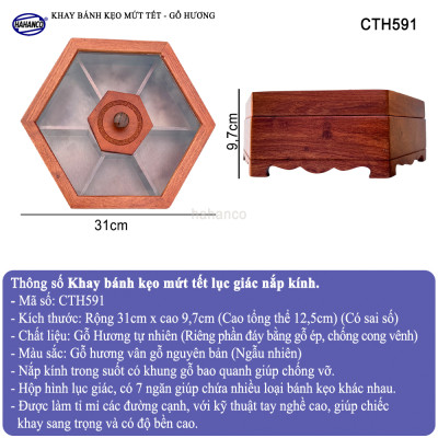 Khay Đựng Mứt Tết Bằng Gỗ Hương Nắp Kính Lục Giác Trong Suốt Sang Trọng - CTH591