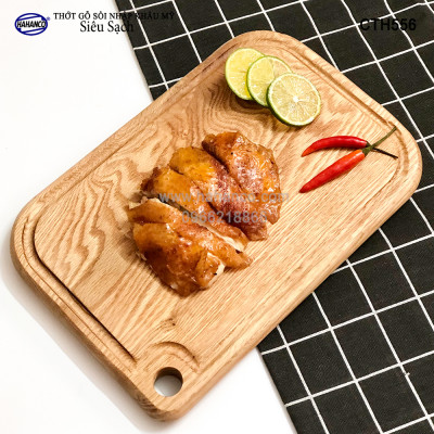 Thớt hình chữ nhật gỗ Sồi Mỹ (OAK) có rãnh bao quanh tiện dụng (CTH556) hàng Xuất Khẩu Châu Âu - khay bánh mì/trái cây/ bít tết/ pizza/ phụ kiện chụp ảnh, bày món ăn trong nhà hàng - Sang trọng trên bàn ăn - HAHANCO