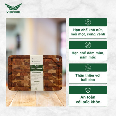 Thớt gỗ Teak Vibasic ghép dựng block, kích thước 300x200x25mm có lỗ treo - Hàng chính hãng Bộ Quốc Phòng
