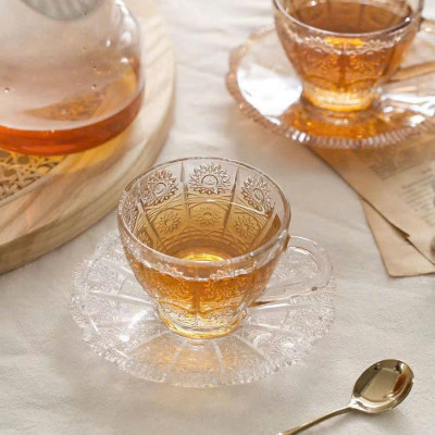 Set Tách Trà Thủy Tinh 210ml Sang Trọng Kèm Đĩa - Tách Trà Uống Trà, Cà Phê  Hoa Mặt Trời Sang Trọng Tiện Lợi Đẳng Cấp - HÀNG CHÍNH HÃNG MINIIN