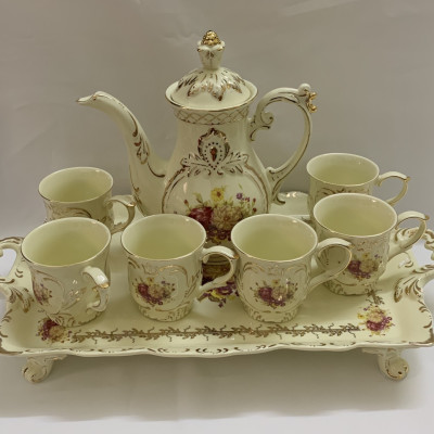 Bộ bình trà sứ phong cách hoàng gia cổ điển màu trắng ngà họa tiết hoa cúc - ANTH603