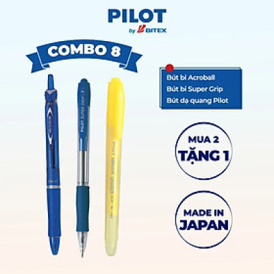 Combo Pilot 08 : Bút bi Acroball mực xanh, Bút bi Super Grip mực xanh, Bút dạ quang màu vàng